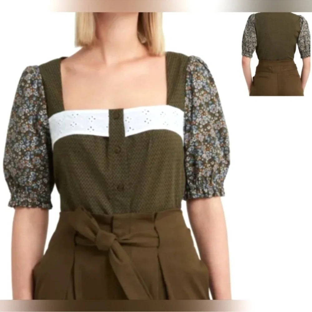 Halston Heritage Green Buttoned Front Blouse with floral puff sleeves NEW - Picture 1 of 9